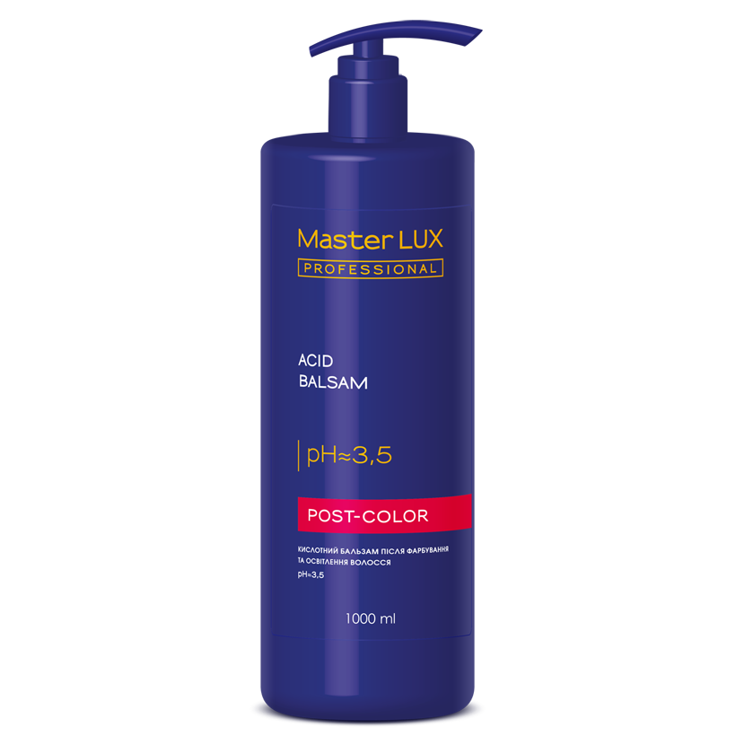 Кислотний бальзам після фарбування та освітлення волосся Master LUX professional (з дозатором) 1000 мл, кислий
Кислотний бальзам після фарбування та освітлення волосся Master LUX professional (з дозатором) 1000 мл, кислий