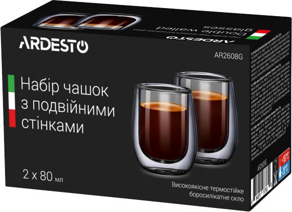 Набор стаканов для эспрессо с двойными стенками (двойным дном) Ardesto 2 шт х 80 мл (AR2608G), Прозрачный
Набор стаканов для эспрессо с двойными стенками (двойным дном) Ardesto 2 шт х 80 мл (AR2608G), Прозрачный