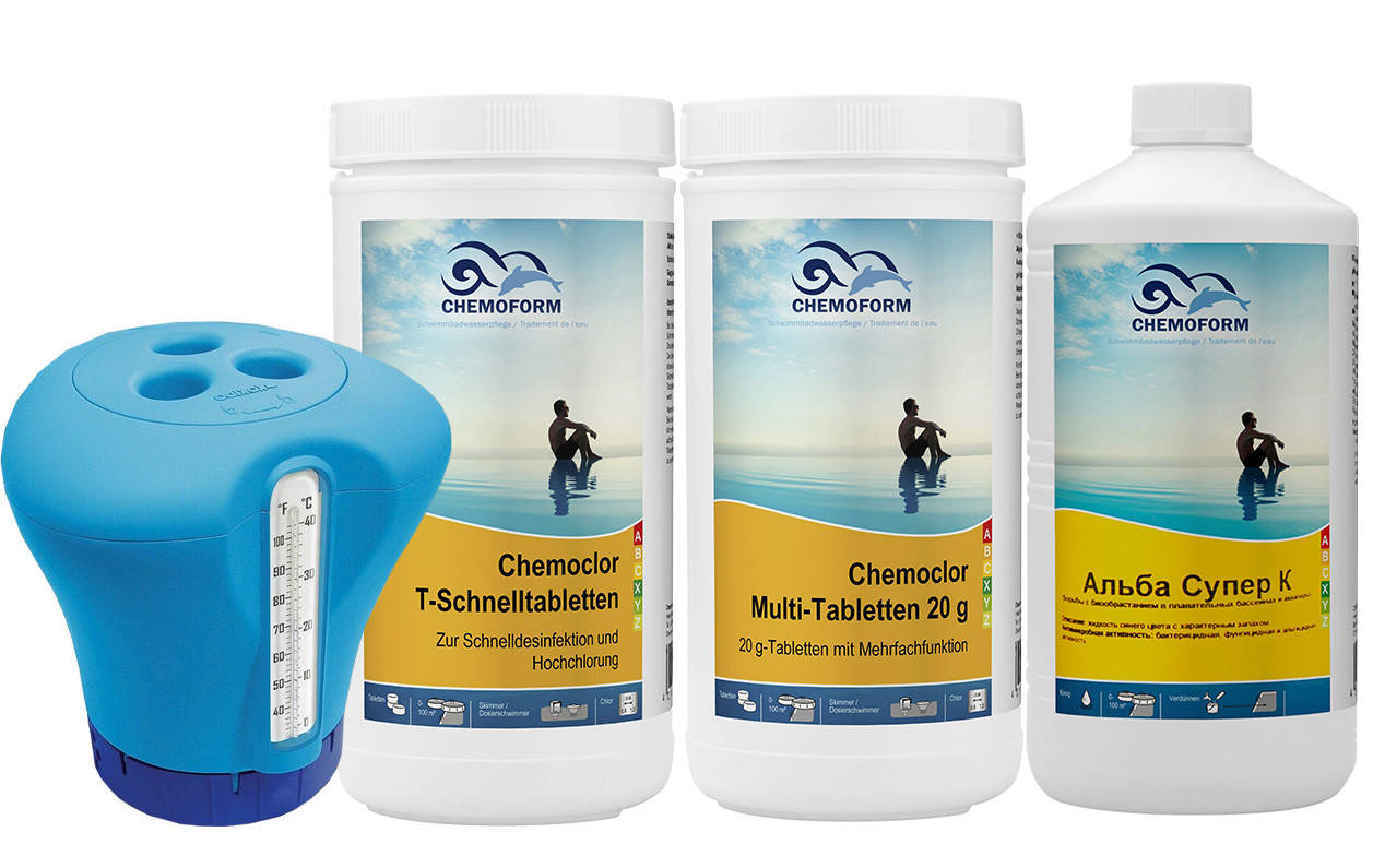 Готовый набор по уходу за бассейном до 20м³ / Chemoform «Мини Супер» (хлор–шок, мульти–таб, альгицид, дозатор)
Готовый набор по уходу за бассейном до 20м³ / Chemoform «Мини Супер» (хлор–шок, мульти–таб, альгицид, дозатор)