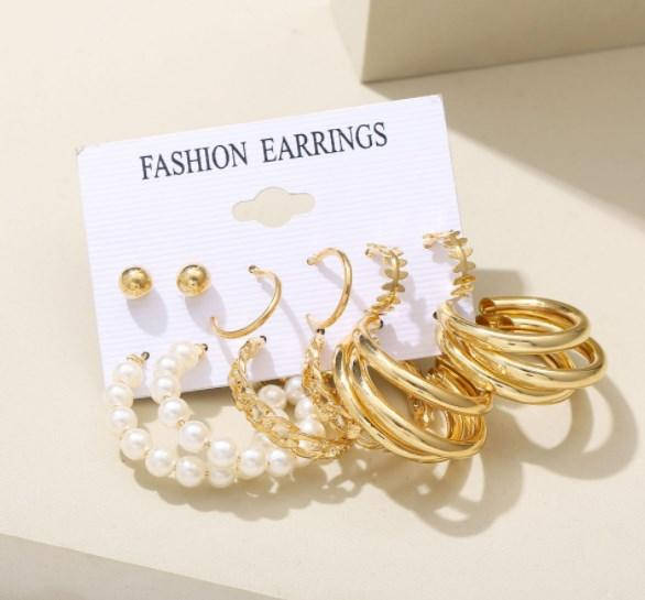 Бижутерия, серьги, сережки, набор сережек, 6 пар, жемчужные серьги, гвоздики, в золотом цвете