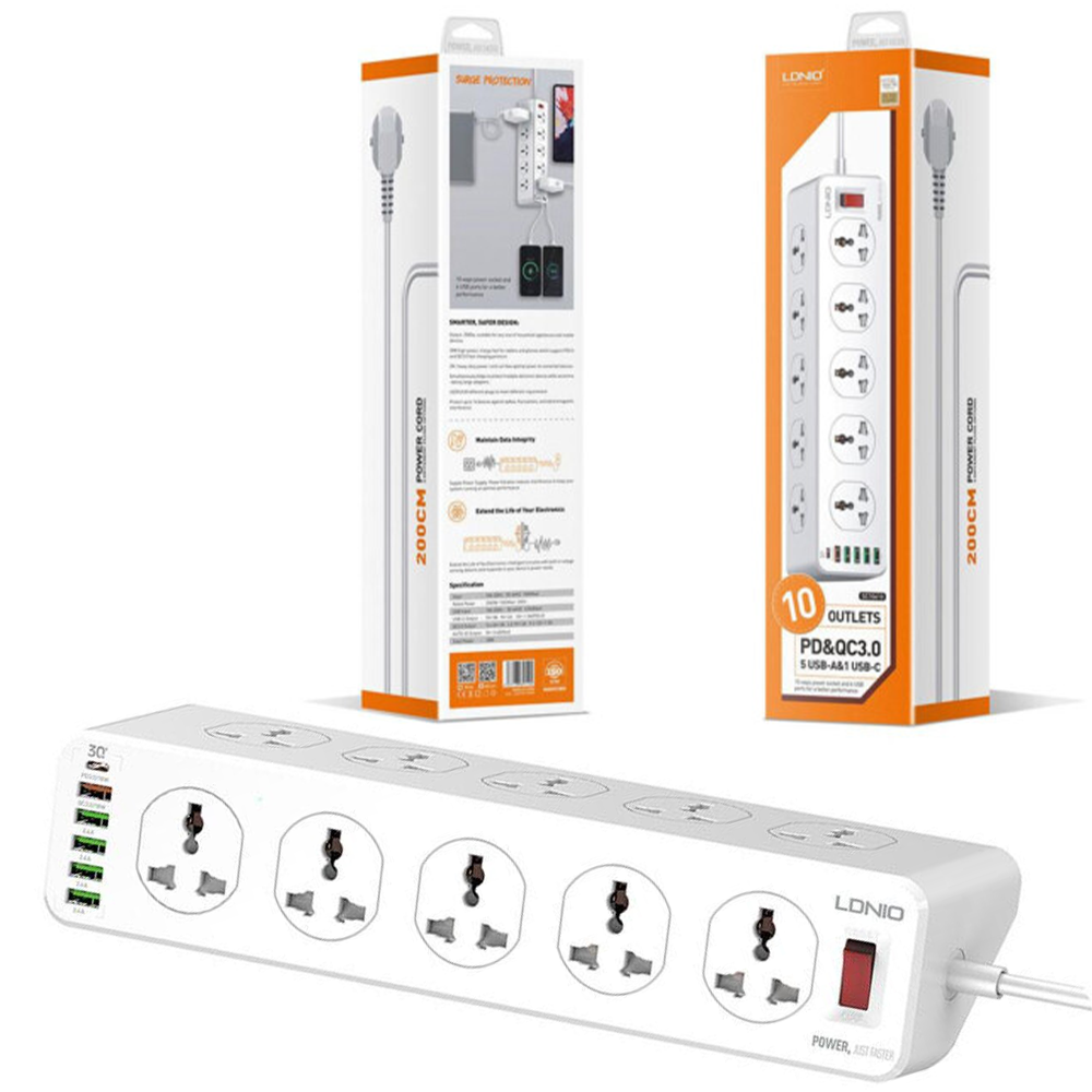 Сетевой удлинитель с быстрой зарядкой LDNIO SC10610 10 розеток 5*USB + 1*Type-C QC3.0 & PD3.0 10A 2 метра
Сетевой удлинитель с быстрой зарядкой LDNIO SC10610 10 розеток 5*USB + 1*Type-C QC3.0 & PD3.0 10A 2 метра