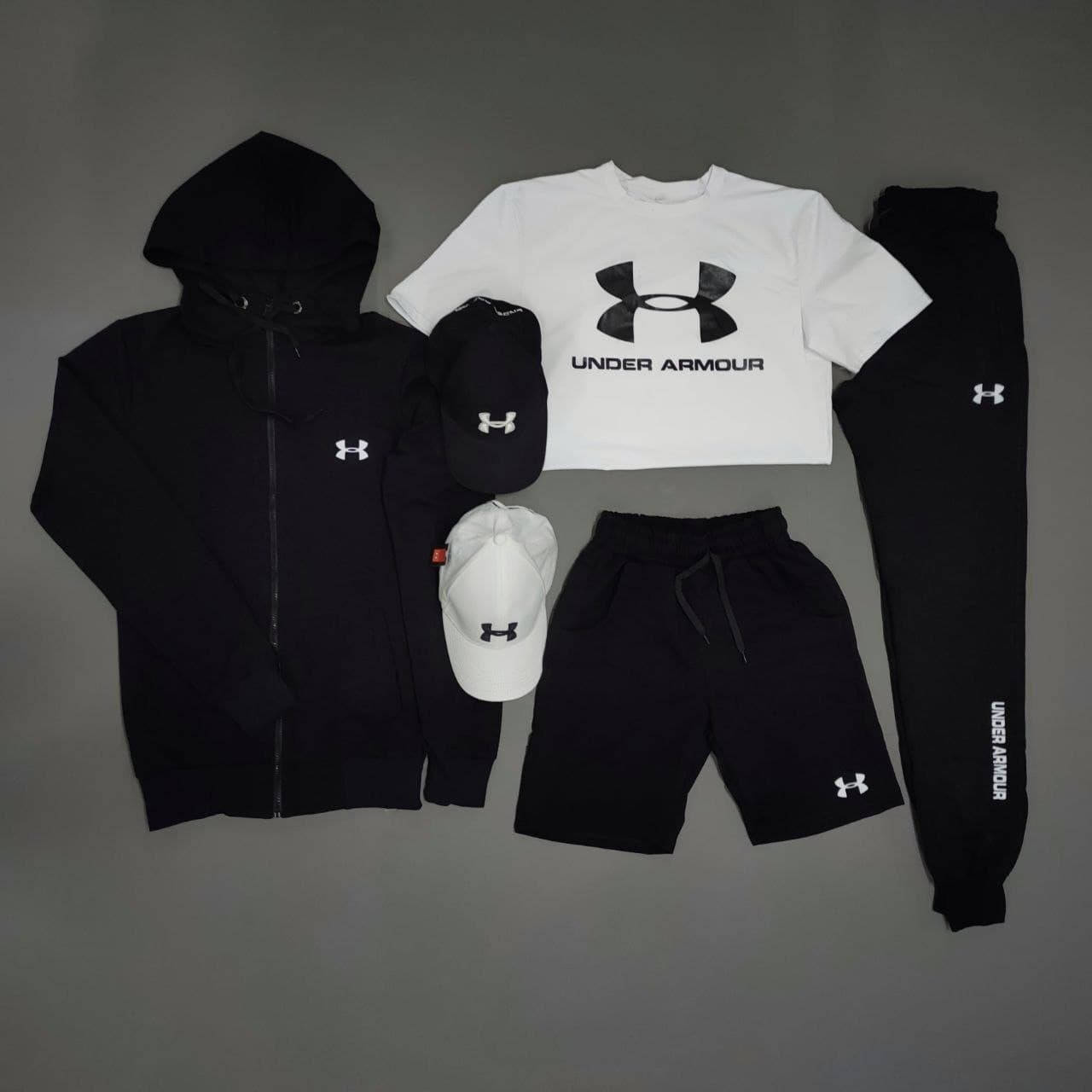 Комплект мужской Under Armour Кофта + Штаны + Шорты + Футболка + Кепка черно-белый | Спортивный костюм, Черный
Комплект мужской Under Armour Кофта + Штаны + Шорты + Футболка + Кепка черно-белый | Спортивный костюм, Черный