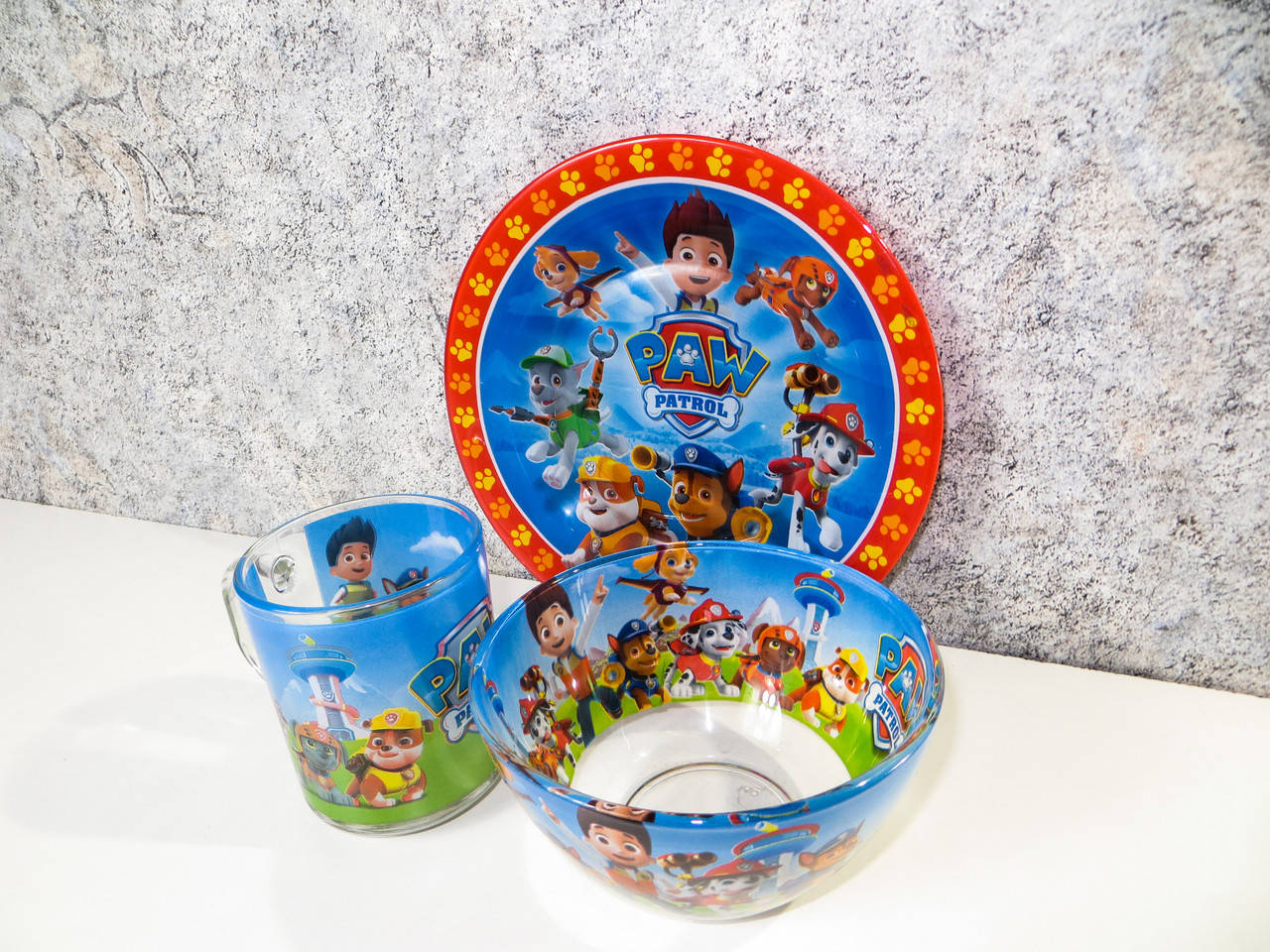Набор детской стеклянной посуды 3 предмета. Оптом. Щенячий патруль 
Набор детской стеклянной посуды 3 предмета. Оптом. Щенячий патруль