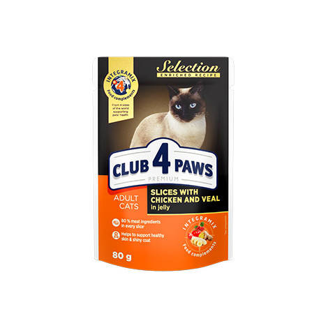 CLUB 4 PAWS ПРЕМИУМ "КУСОЧКИ С КУРИЦЕЙ И ТЕЛЯТИНОЙ В ЖЕЛЕ". КОРМ ДЛЯ ВЗРОСЛЫХ КОШЕК 0.08 кг
CLUB 4 PAWS ПРЕМИУМ "КУСОЧКИ С КУРИЦЕЙ И ТЕЛЯТИНОЙ В ЖЕЛЕ". КОРМ ДЛЯ ВЗРОСЛЫХ КОШЕК 0.08 кг