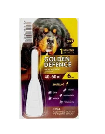 Золотая защита (Golden Defence) для собак 40 - 60 кг, 6 мл, 1 пипетка, при смешанных паразитарных инвазиях
Золотая защита (Golden Defence) для собак 40 - 60 кг, 6 мл, 1 пипетка, при смешанных паразитарных инвазиях
