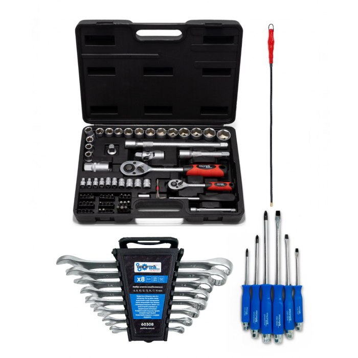 Набор инструментов 4в1 (Набор 72 ед, ключи, ударные отвертки 6 ед. и гибкий удлинитель) Profline 60725-203
Набор инструментов 4в1 (Набор 72 ед, ключи, ударные отвертки 6 ед. и гибкий удлинитель) Profline 60725-203