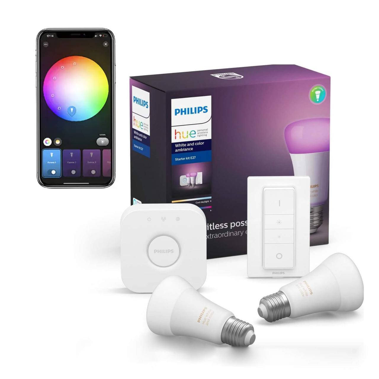 Стартовый комплект Philips Hue Color E27 806лм 60Вт 2 шт. + Philips Hue Dimmer + Philips Hue Bridge, HomeKit
Стартовый комплект Philips Hue Color E27 806лм 60Вт 2 шт. + Philips Hue Dimmer + Philips Hue Bridge, HomeKit