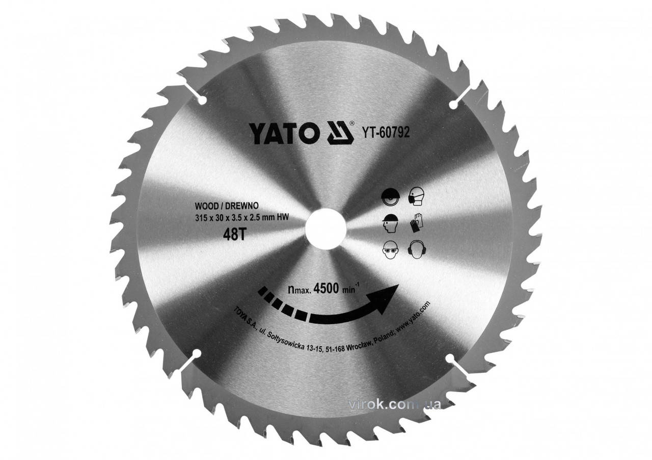 Диск пильный по дереву YATO 315 х 30 х 3.5 х 2.5 мм 48 зубцов R.P.M до 4500 1/хв YT-60792
Диск пильный по дереву YATO 315 х 30 х 3.5 х 2.5 мм 48 зубцов R.P.M до 4500 1/хв YT-60792