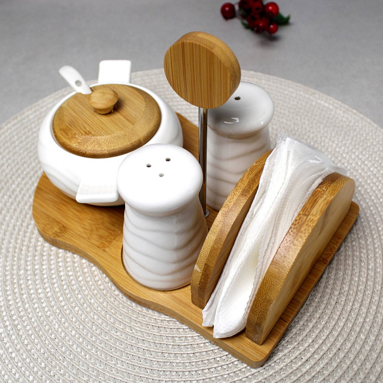 Набор белых спецовниц с банкой и ложкой на бамбуковой подставке, Белый