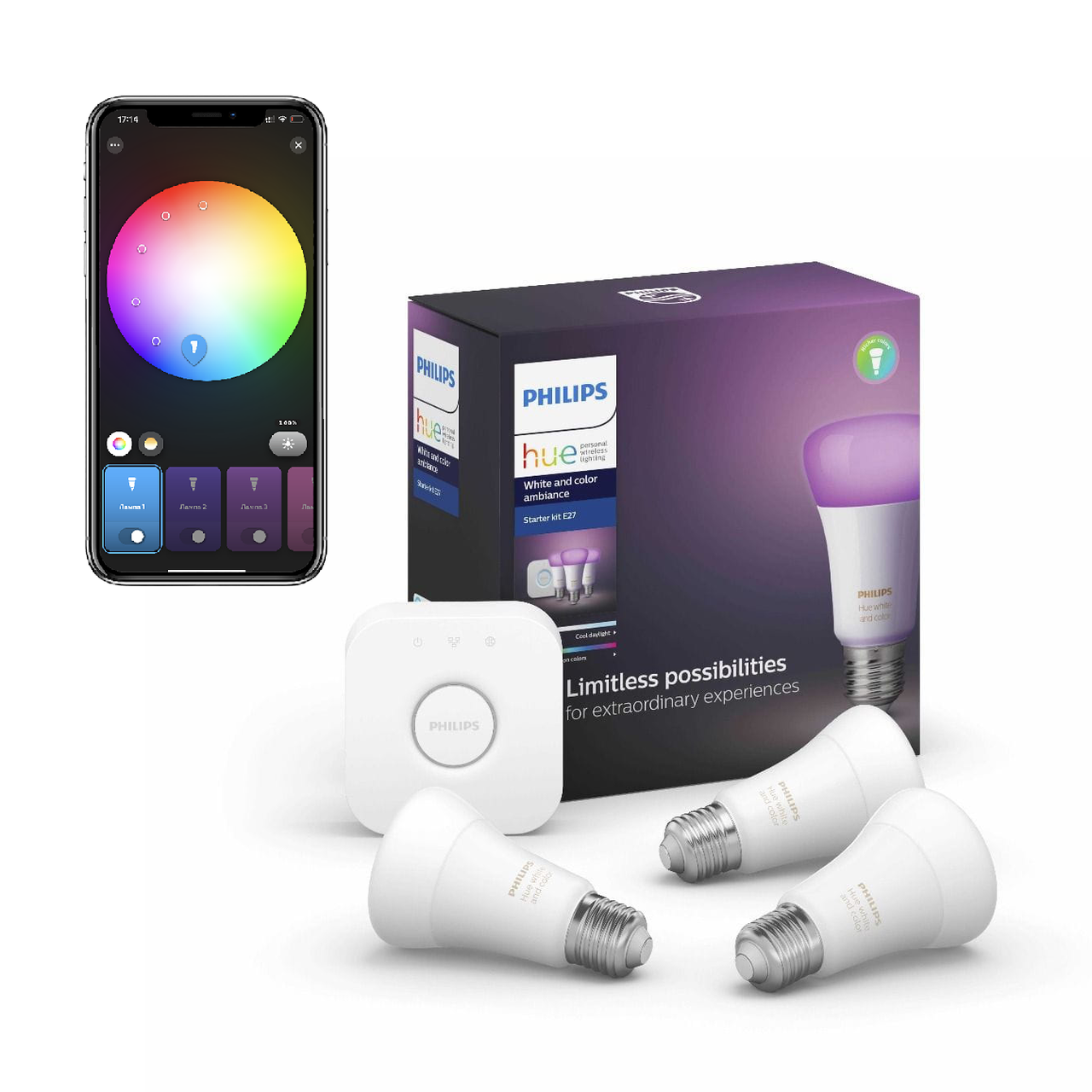 Стартовый комплект Philips Hue Color E27 806лм 60Вт 3 шт. + Блок управления Philips Hue Bridge, Apple HomeKit
Стартовый комплект Philips Hue Color E27 806лм 60Вт 3 шт. + Блок управления Philips Hue Bridge, Apple HomeKit