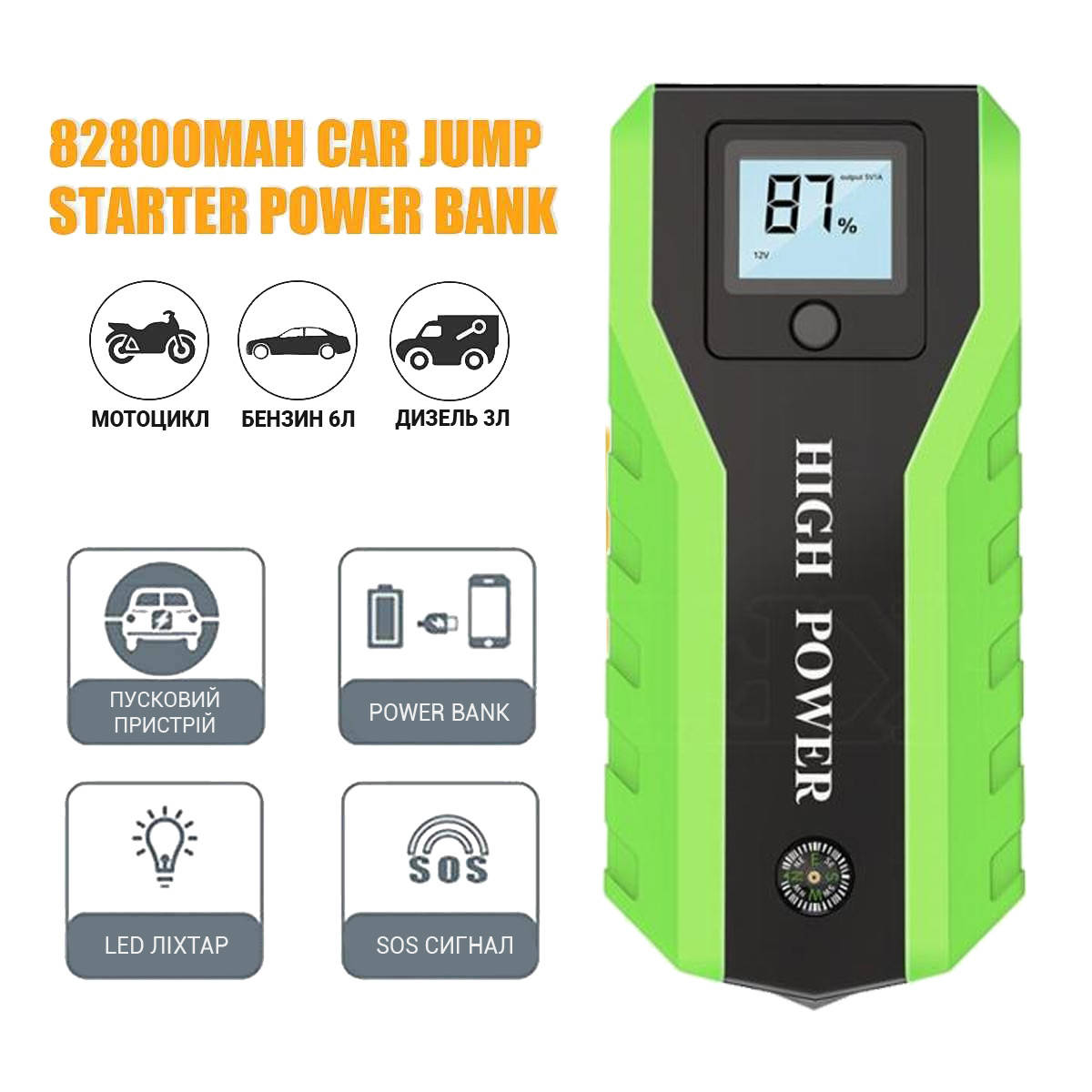 Пуско зарядное устройство Jumpstarter TM19A 82800 mA Автомобильное Пусковая зарядка для авто SPG
Пуско зарядное устройство Jumpstarter TM19A 82800 mA Автомобильное Пусковая зарядка для авто SPG