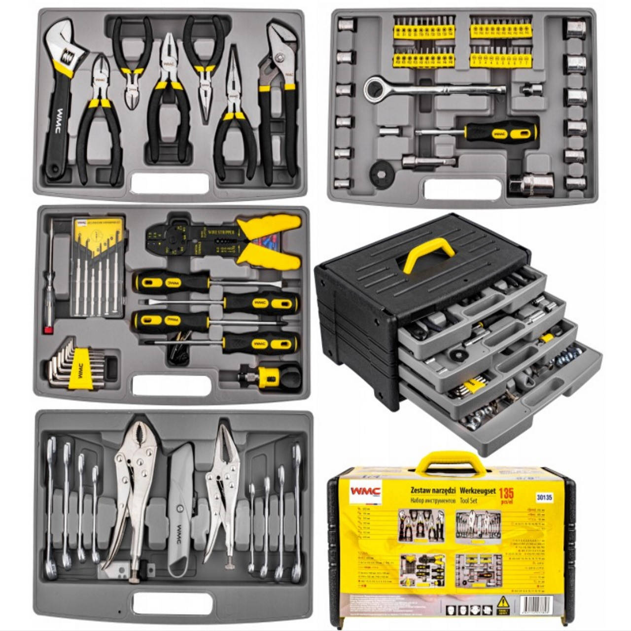 Набор инструментов 135 пр. ящик с выдвижными полками для дома, гаража, авто на подарок мужу WMC TOOLS 30135
Набор инструментов 135 пр. ящик с выдвижными полками для дома, гаража, авто на подарок мужу WMC TOOLS 30135