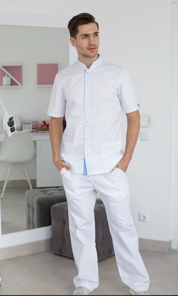 Медицинский хирургический мужской костюм Лондон белый-голубой 46-56 54 
Медицинский хирургический мужской костюм Лондон белый-голубой 46-56 54