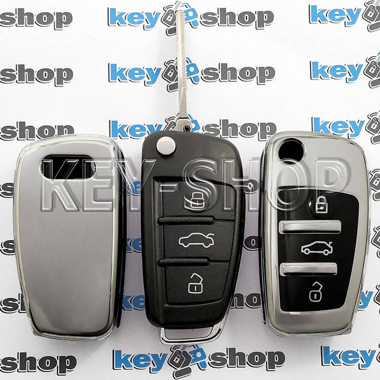 Чехол выкидного ключа Audi (Ауди) A1, A3, A6, Q2, Q3, Q7, (полиуретановый, серебристый) кнопки с защитой
Чехол выкидного ключа Audi (Ауди) A1, A3, A6, Q2, Q3, Q7, (полиуретановый, серебристый) кнопки с защитой