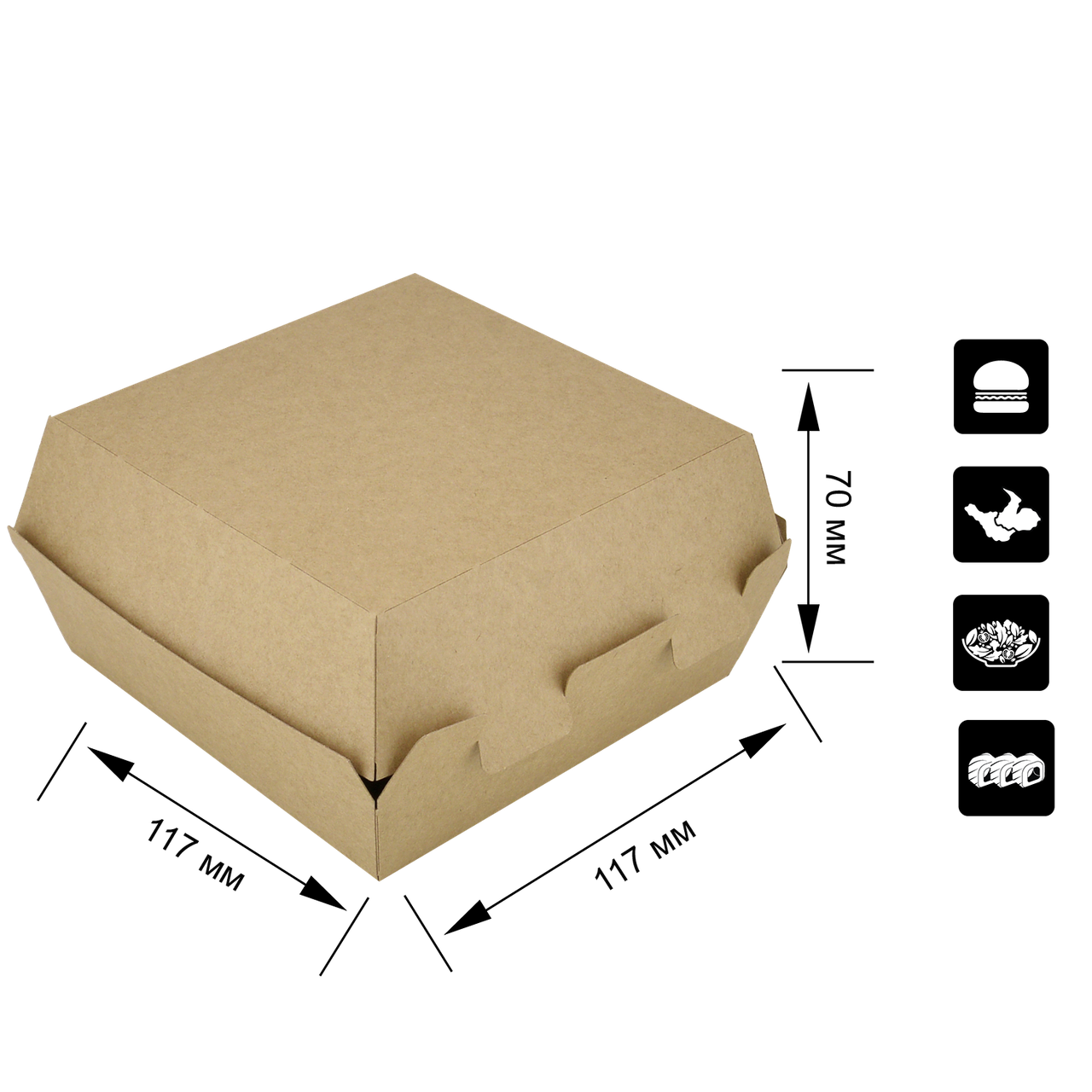 Упаковка для бургера крафт 117х117х70 мм
Упаковка для бургера крафт 117х117х70 мм