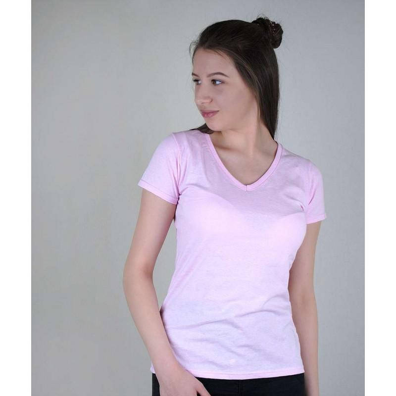 Футболка женская однотонная хлопковая с V-образным вырезом - светло-розовый цвет