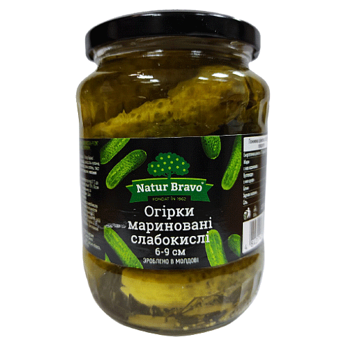 Огурцы маринованные слабокислые 6-9 см ТМ Natur Bravo 720 мл
Огурцы маринованные слабокислые 6-9 см ТМ Natur Bravo 720 мл