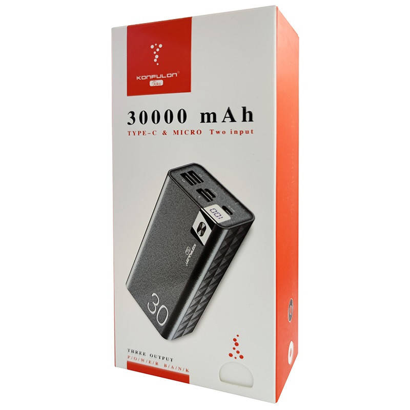 Портативный аккумулятор POWER BANK 30000 mAh "KONFULON" A19 (кабель MicroUsb) реальная емкость
Портативный аккумулятор POWER BANK 30000 mAh "KONFULON" A19 (кабель MicroUsb) реальная емкость