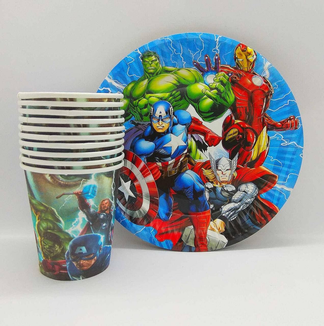 Набор детской одноразовой посуды Мстители для дня рождения 10 стаканов 10 тарелок