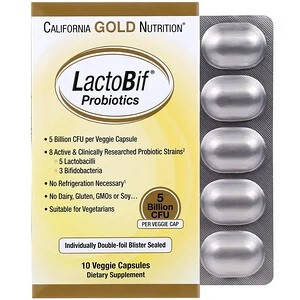 Пробиотики, LactoBif Probiotic California Gold Nutrition, 5 млрд КОЕ, 10 растительных капсул
Пробиотики, LactoBif Probiotic California Gold Nutrition, 5 млрд КОЕ, 10 растительных капсул