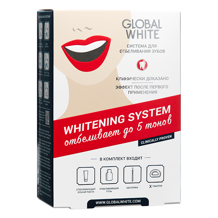 Система для отбеливания зубов GlOBAL WHITE (отбеливающий гель+зубная паста+кисточка+ретрактор), 15мл
Система для отбеливания зубов GlOBAL WHITE (отбеливающий гель+зубная паста+кисточка+ретрактор), 15мл