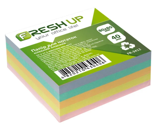 Блок бумаги для заметок Fresh Up FR-3412 клееный 80*80 мм Класика 400 листов, Разные цвета 
Блок бумаги для заметок Fresh Up FR-3412 клееный 80*80 мм Класика 400 листов, Разные цвета