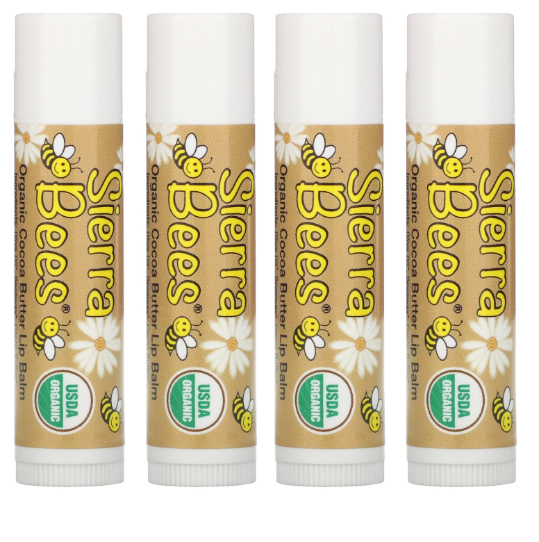 Sierra Bees, Органические бальзамы для губ, какао-масло, 4 штуки в упаковке весом 0,15 унции (4,25 г) каждая
Sierra Bees, Органические бальзамы для губ, какао-масло, 4 штуки в упаковке весом 0,15 унции (4,25 г) каждая