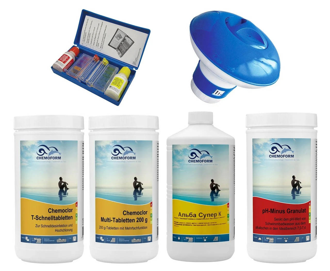 Готовый набор для бассейна / Chemoform «Оптимум +» (хлор–шок, мульти–таб, альгицид, pH–минус, тестер, дозатор)
Готовый набор для бассейна / Chemoform «Оптимум +» (хлор–шок, мульти–таб, альгицид, pH–минус, тестер, дозатор)