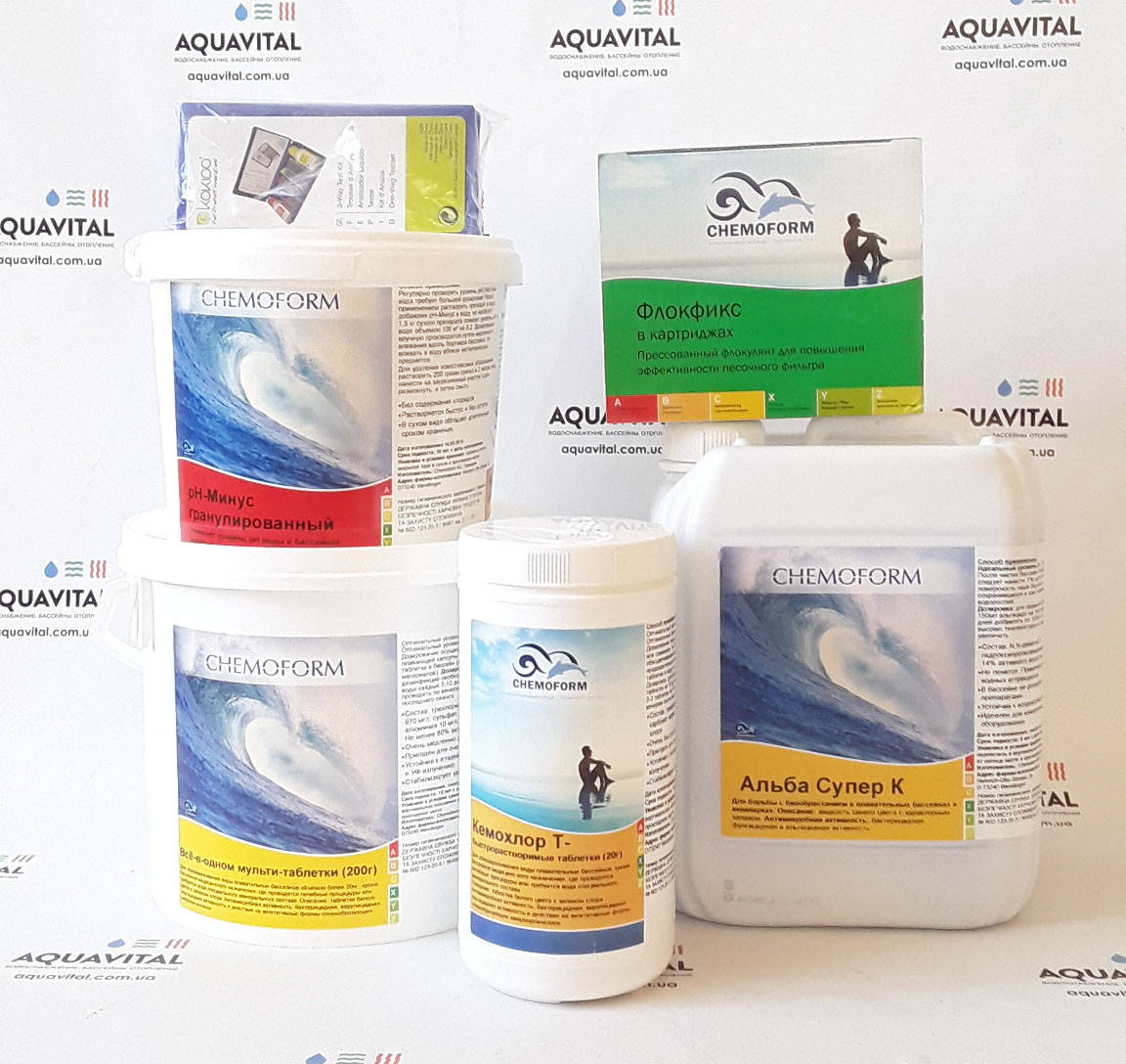 Готовый набор для бассейна / Chemoform «Big XL» (хлор-шок, мультитаб, альгицид, pH-минус, флок, тестер)
Готовый набор для бассейна / Chemoform «Big XL» (хлор-шок, мультитаб, альгицид, pH-минус, флок, тестер)