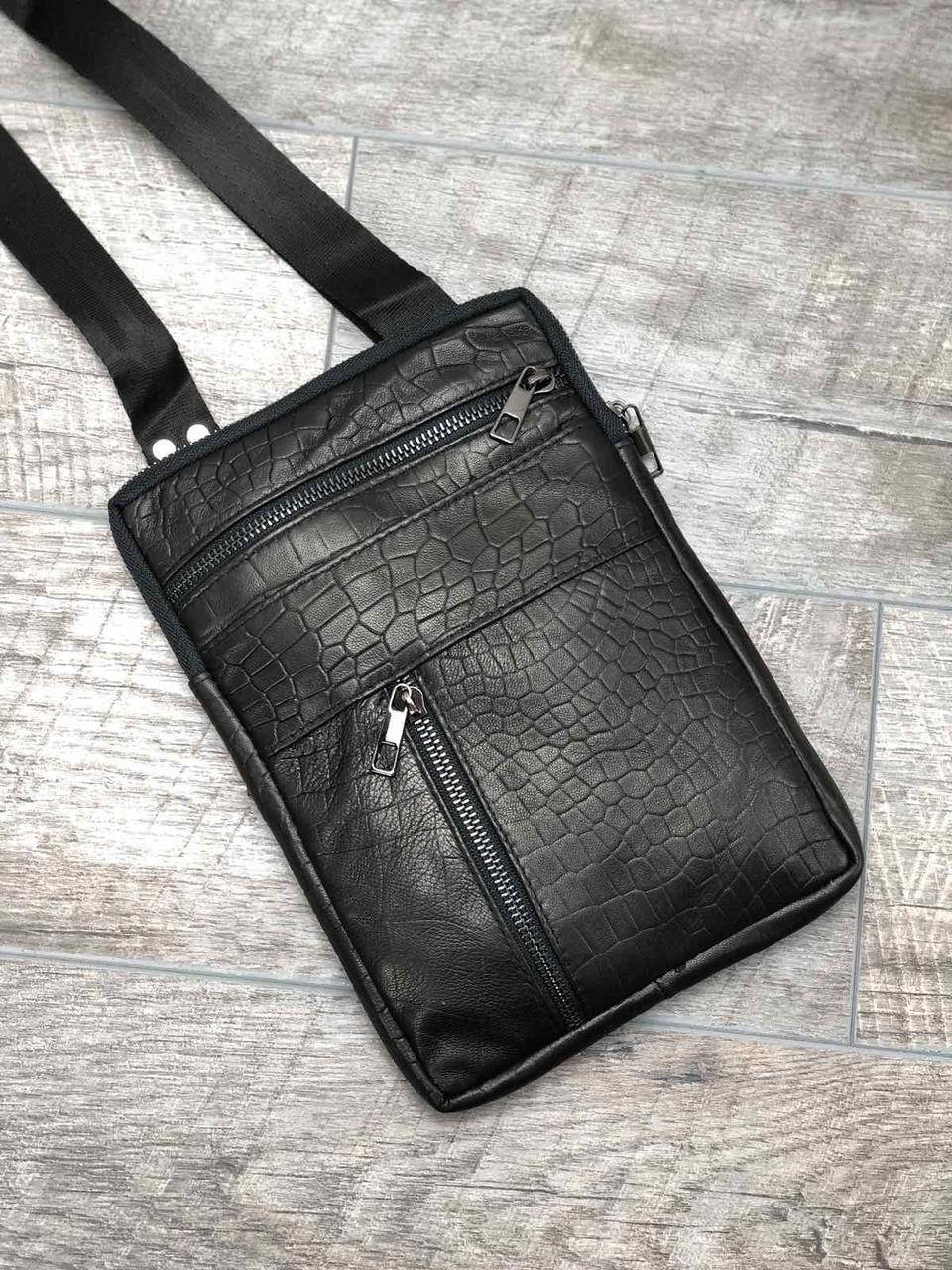 Мужская кожаная сумка через плечо черная натуральная тисненая кожа Турция, Черный 
Мужская кожаная сумка через плечо черная натуральная тисненая кожа Турция, Черный