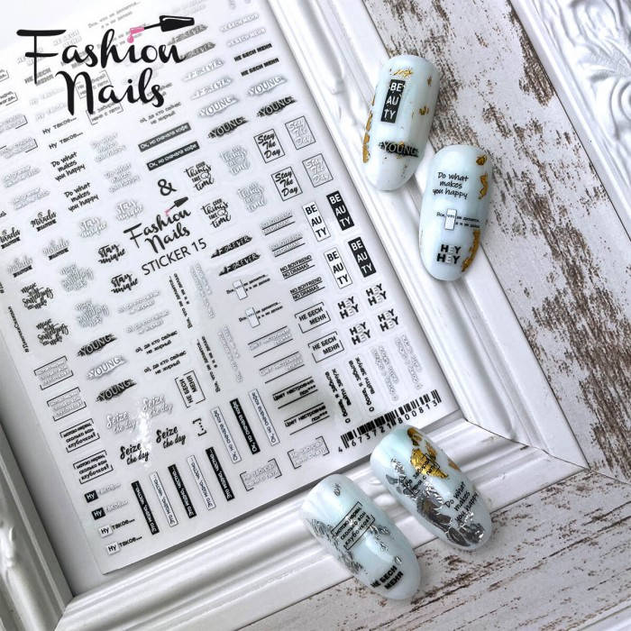 Наклейки для ногтей на липкой основе STICKER15 Fashion Nails 9*12 см - Наклейки для ногтей самоклейки Надписи, Черный
Наклейки для ногтей на липкой основе STICKER15 Fashion Nails 9*12 см - Наклейки для ногтей самоклейки Надписи, Черный
