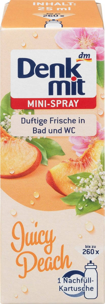 Denkmit Lufterfrischer Minispray Juicy Peach Мини освежитель воздуха запаска Сочный персик, 25 мл
Denkmit Lufterfrischer Minispray Juicy Peach Мини освежитель воздуха запаска Сочный персик, 25 мл