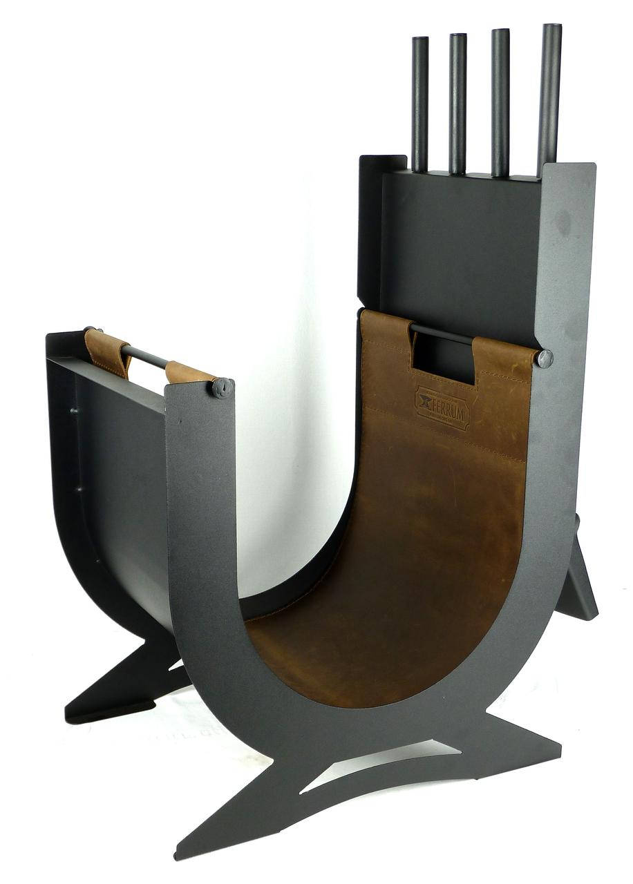 Набор для камина с дровницей и сумкой для дров из натуральной кожи "Перун", Черный