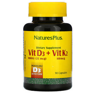 Витамин К2 и Д3 (Vit D3/Vit K2), Nature's Plus, 1000 МЕ/100 мкг, 90 капсул 
Витамин К2 и Д3 (Vit D3/Vit K2), Nature's Plus, 1000 МЕ/100 мкг, 90 капсул