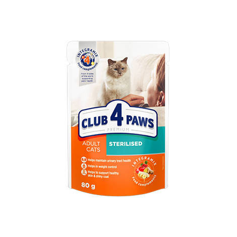 CLUB 4 PAWS PREMIUM Клуб 4 лапы для стерилизованных и кастрированных котов в соусе, 80 гр.
CLUB 4 PAWS PREMIUM Клуб 4 лапы для стерилизованных и кастрированных котов в соусе, 80 гр.