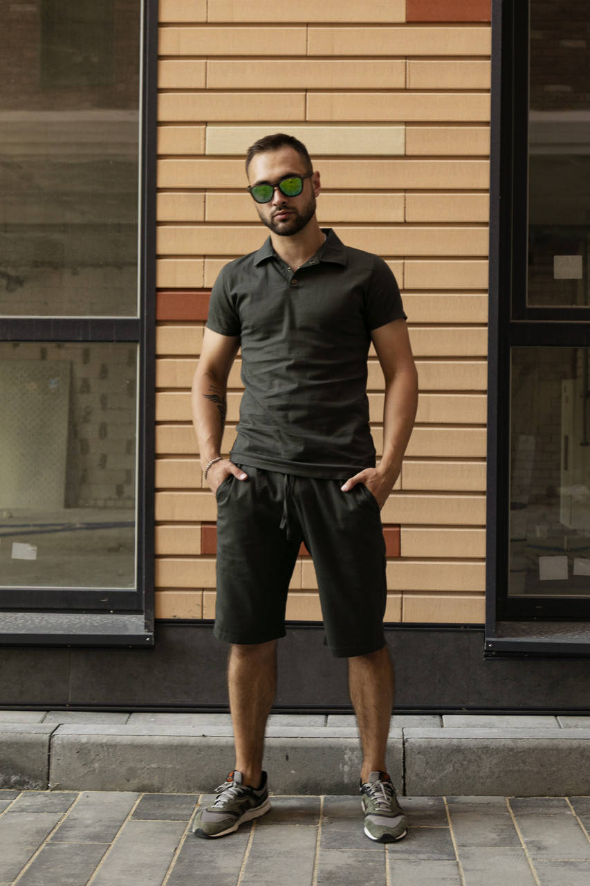 Футболка поло мужская лен + шорты льняные Костюм Intruder Flax летний льняной Хаки