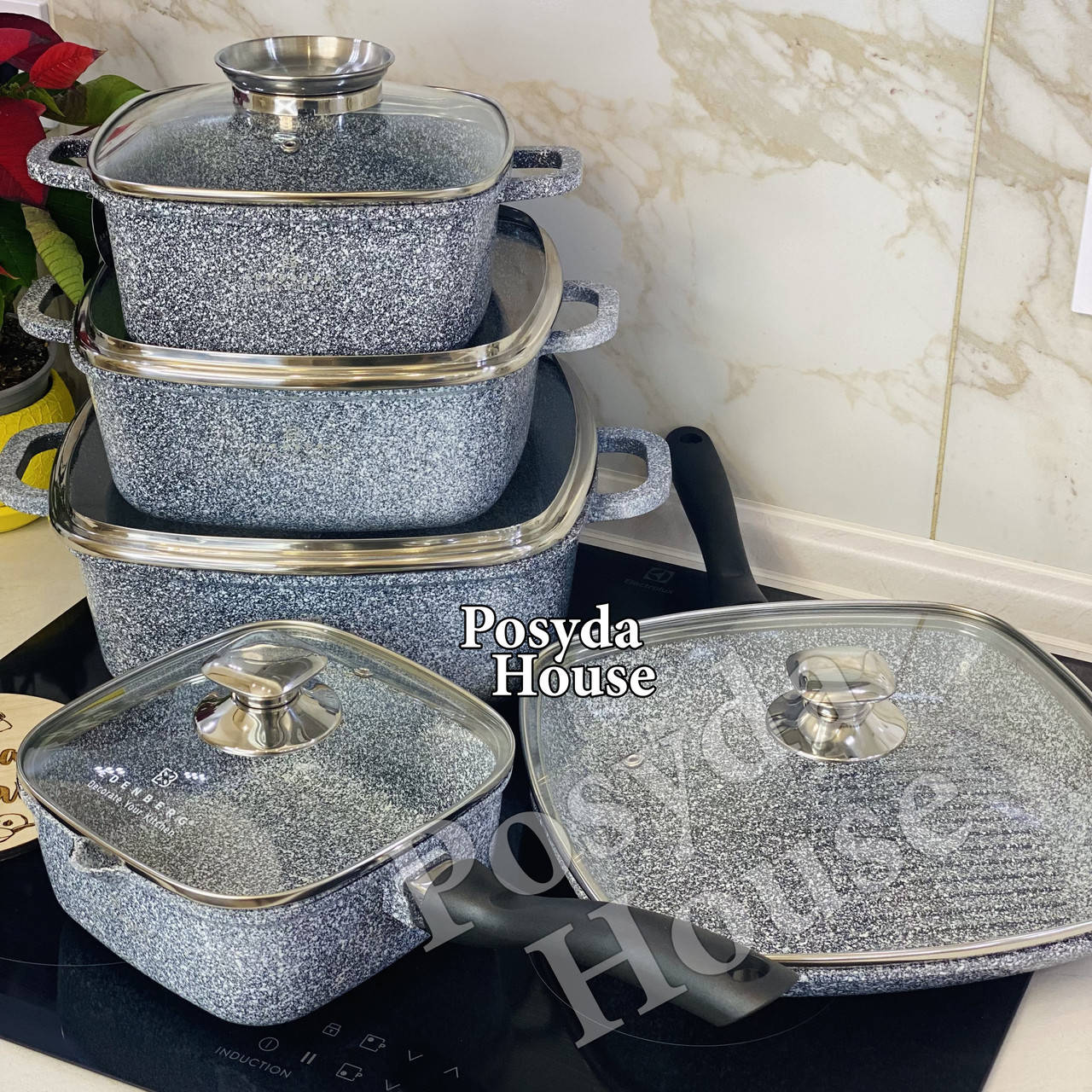 Набор посуды (казанов) Edenberg с антипригарным гранитным покрытием EB-3989, Серый 
Набор посуды (казанов) Edenberg с антипригарным гранитным покрытием EB-3989, Серый