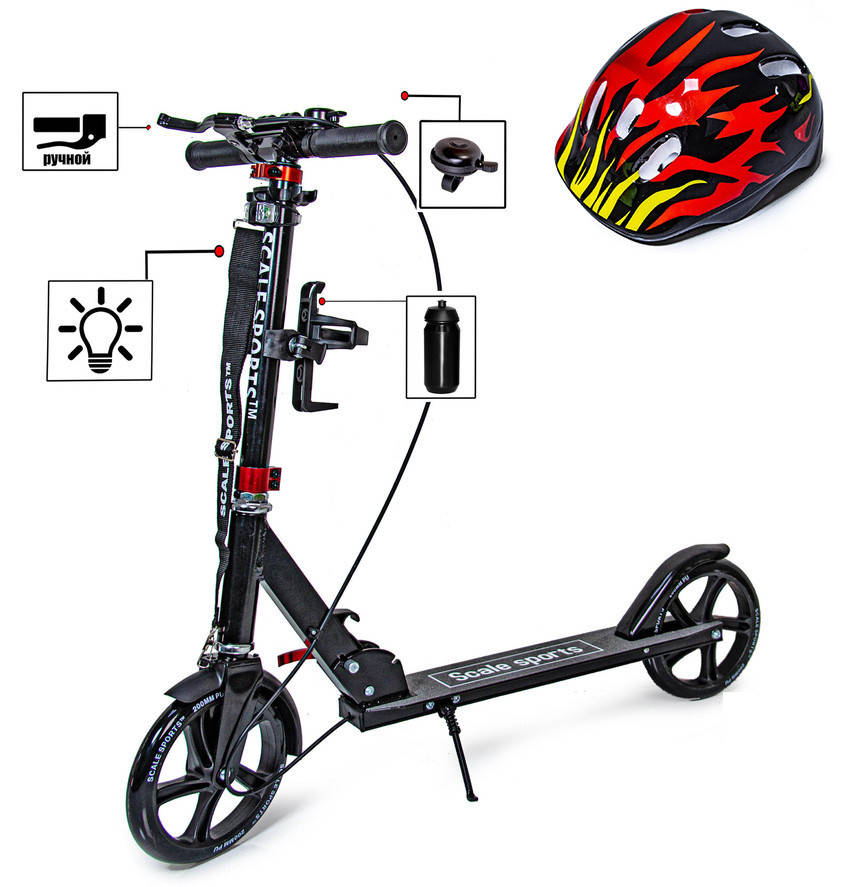 Детский двухколесный самокат + Шлем Scale Sports SS-18 Чёрный Ручной тормоз Led-фонарик, Черный 
Детский двухколесный самокат + Шлем Scale Sports SS-18 Чёрный Ручной тормоз Led-фонарик, Черный