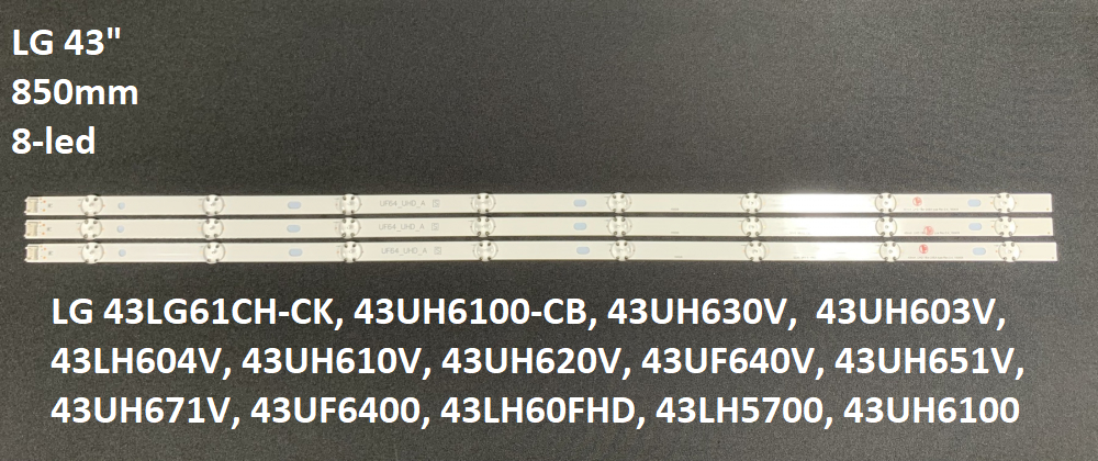 LED підсвітка TV 43" 3V 8-led 850mm LG43UF6400 43inch UHD 1Bar 24EA Type Rev 0.4-150408 3pcs=1set
LED підсвітка TV 43" 3V 8-led 850mm LG43UF6400 43inch UHD 1Bar 24EA Type Rev 0.4-150408 3pcs=1set