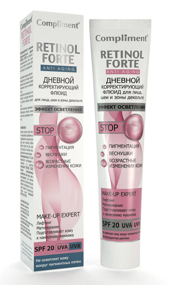 Дневной корректирующий флюид для лица, шеи и зоны декольте RETINOL FORTE Compliment 50 мл.
Дневной корректирующий флюид для лица, шеи и зоны декольте RETINOL FORTE Compliment 50 мл.