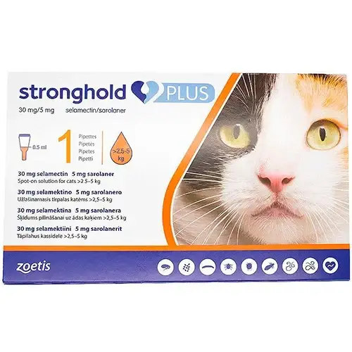 Капли Zoetis Stronghold Plus 30 мг/5 мг против паразитов у кошек весом от 2.5 до 5 кг, 0.5 мл (1 пипетка)
Капли Zoetis Stronghold Plus 30 мг/5 мг против паразитов у кошек весом от 2.5 до 5 кг, 0.5 мл (1 пипетка)