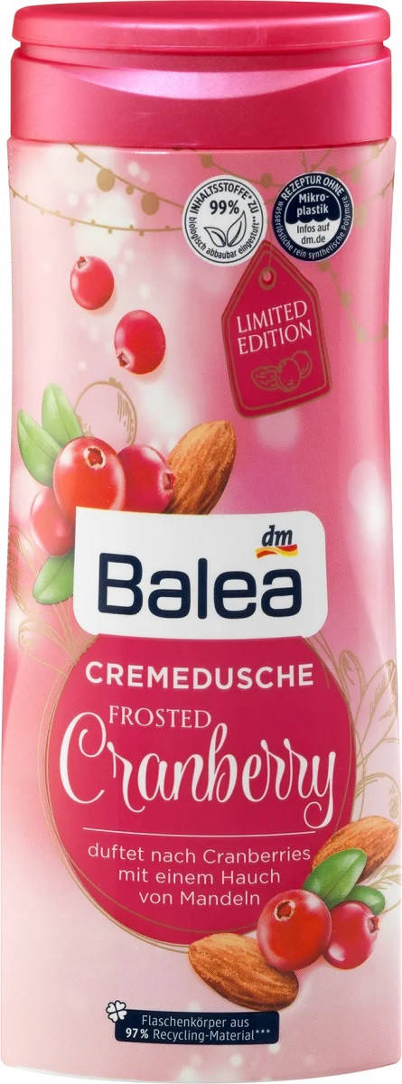 Balea Cremedusche Frosted Cranberry Крем-гель для душа с ароматом клюквы и миндаля 300 мл
Balea Cremedusche Frosted Cranberry Крем-гель для душа с ароматом клюквы и миндаля 300 мл