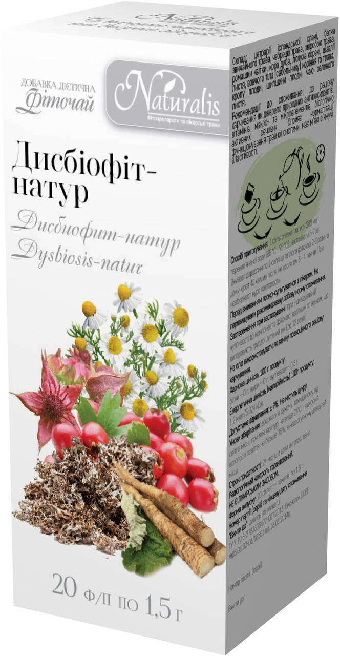 Фиточай Дисбиофит-Натур (при кишечных расстройствах и дисбактериозе) 20ф/п ТМ "Naturalis"
Фиточай Дисбиофит-Натур (при кишечных расстройствах и дисбактериозе) 20ф/п ТМ "Naturalis"