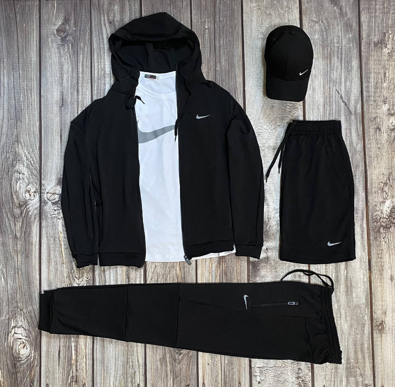 Комплект мужской Nike Кофта + Штаны + Шорты + Футболка + Кепка черный-белый Спортивный костюм трикотажный Найк
Комплект мужской Nike Кофта + Штаны + Шорты + Футболка + Кепка черный-белый Спортивный костюм трикотажный Найк