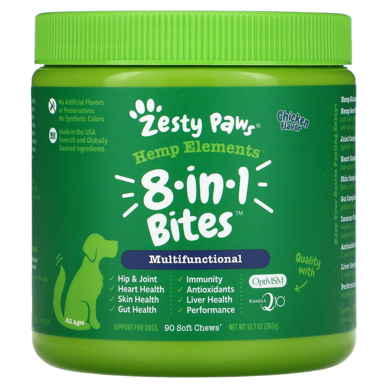 Zesty Paws, Hemp Elements, Укусы 8-в-1 для собак, многофункциональный, для всех возрастов, курица, 90 мягких
Zesty Paws, Hemp Elements, Укусы 8-в-1 для собак, многофункциональный, для всех возрастов, курица, 90 мягких