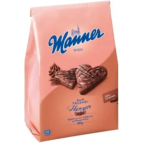 Вафли в молочном шоколаде "Венское Сердце" с Трюфельным ромом Wanner Wien Rum Truffel 300г Австрия
Вафли в молочном шоколаде "Венское Сердце" с Трюфельным ромом Wanner Wien Rum Truffel 300г Австрия
