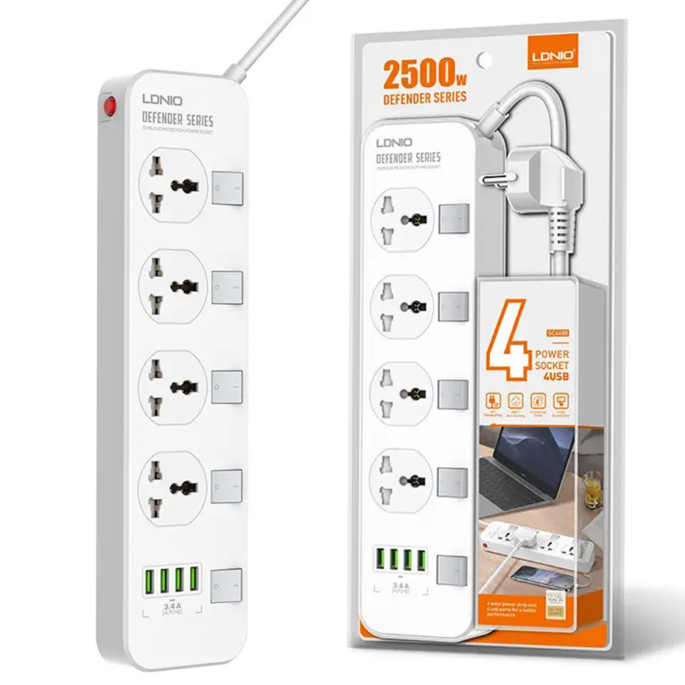 Сетевой фильтр-удлинитель LDNIO SC4408EU 4 USB и 4 розетки, 5V 3,4A 17W, кабель 2м, на любую розетку, белый
Сетевой фильтр-удлинитель LDNIO SC4408EU 4 USB и 4 розетки, 5V 3,4A 17W, кабель 2м, на любую розетку, белый