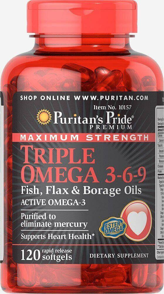 Омега 3-6-9, Maximum Strength Triple Omega 3-6-9 Fish, Flax & Borage Oils, Puritan's Pride, 120 капс
Омега 3-6-9, Maximum Strength Triple Omega 3-6-9 Fish, Flax & Borage Oils, Puritan's Pride, 120 капс
