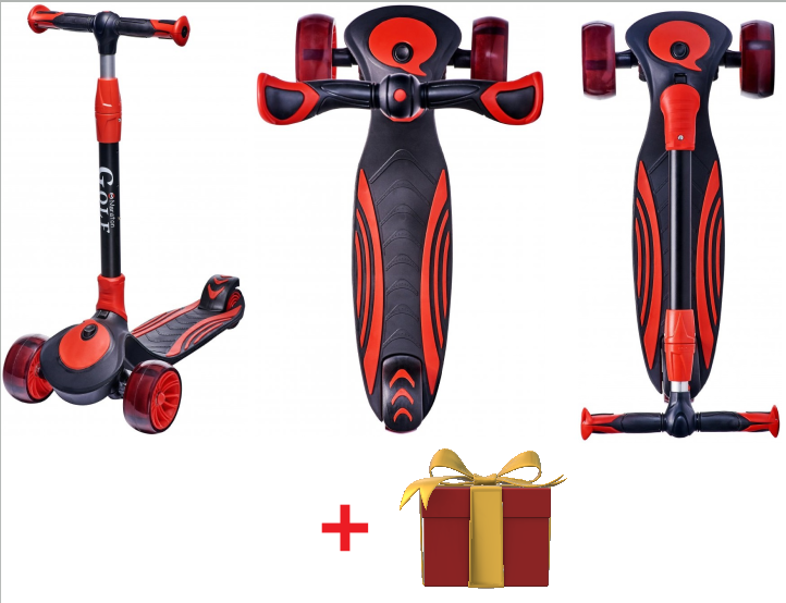 Maraton Golf Трехколесный складной детский самокат с широкими светящимися колесами (черным с красный), Черный 
Maraton Golf Трехколесный складной детский самокат с широкими светящимися колесами (черным с красный), Черный