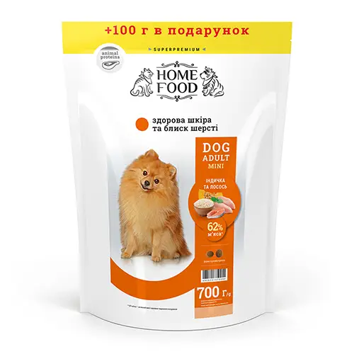 Home Food Сухий корм для дорослих собак «Індичка та лосось» DOG ADULT MINI Здорова шкіра и блиск шерсті 700 г
Home Food Сухий корм для дорослих собак «Індичка та лосось» DOG ADULT MINI Здорова шкіра и блиск шерсті 700 г